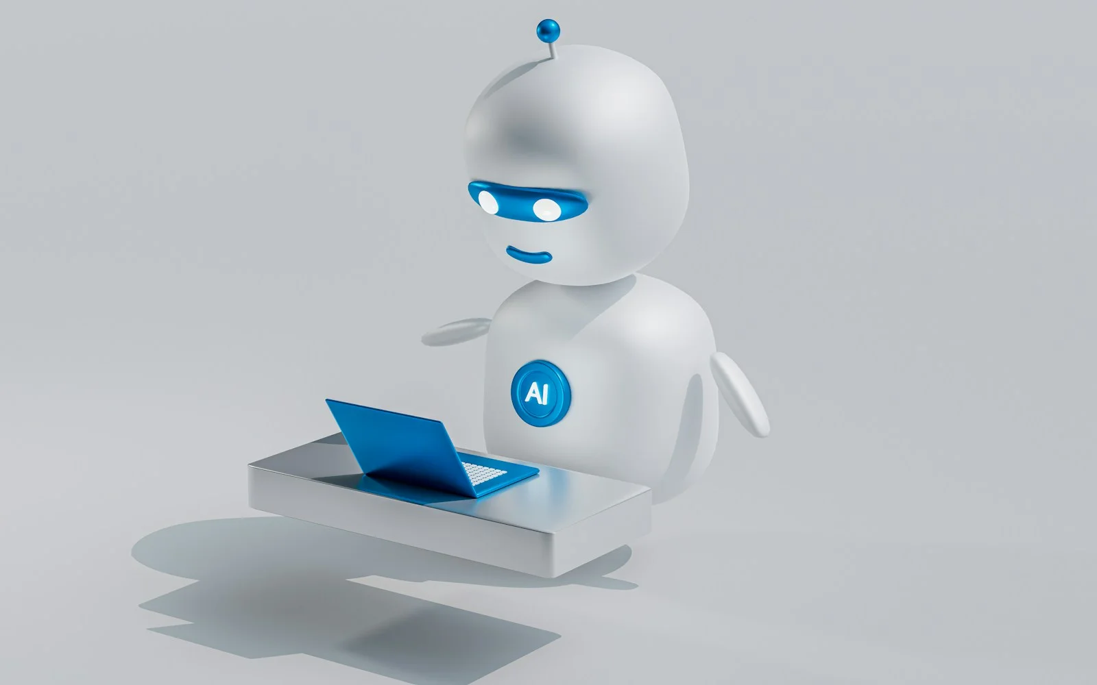 Robot with a laptop representing AI automation for business websites